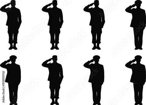 A set of eight black silhouette illustrations of soldiers in uniform, all performing a salute, representing military honor and service against a stark white background.
