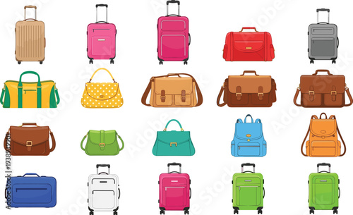 Cartoon bag collection with suitcases, backpacks, duffel bags, and handbags in colorful vector style for travel and fashion