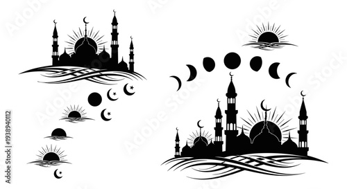 Set of 2 mosque silhouettes with sun and moon phases vector