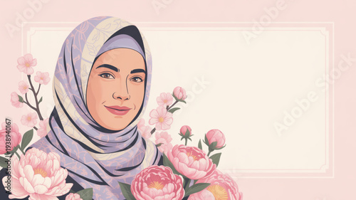 Woman wearing lilac hijab with white stripes surrounded by pink flowers on light pink background