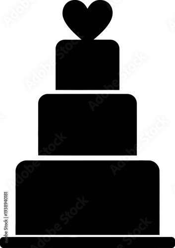 A black silhouette of a three tiered cake with a heart on top Vector