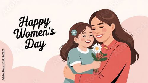 Mother and daughter hug on happy women's day with flowers and pink background