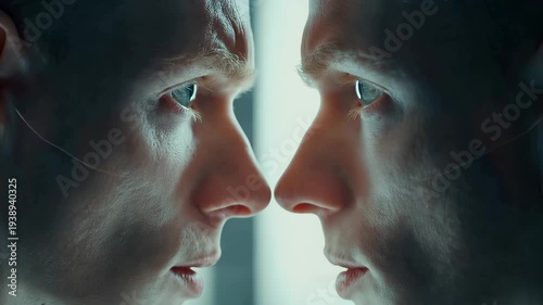 Two figures face each other, one a digital figure and the other a human, exploring the connection between technology and humanity in a modern setting