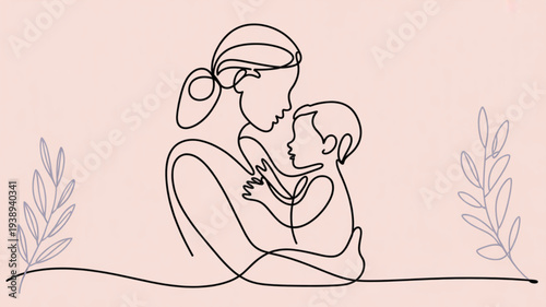 Mother and baby sitting together in a loving embrace with leaves on a pink background