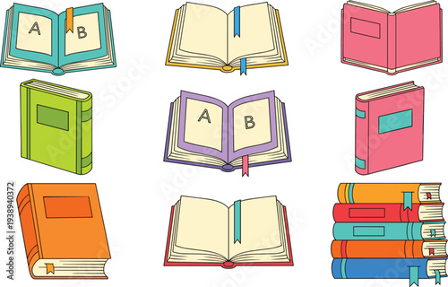 Cartoon book illustration set featuring colorful open and closed books with bookmarks for educational and literary design use