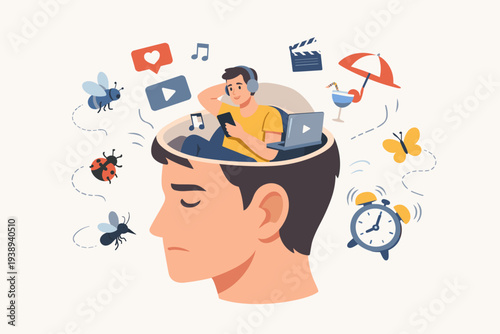 Man Struggling with Distractions and Lack of Focus Due to Social Media Addiction and Environmental Noise Concept Illustration Representing Unproductive Lifestyle and Procrastination at Work