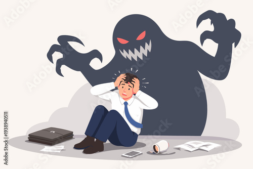 Stressed Businessman Suffering from Anxiety and Panic Attack with a Large Shadow Monster Looming Over Him, Concept of Mental Health Issues, Depression, Fear, Phobia, and Psychological Stress
