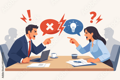 Business Conflict and Argument in Office Meeting Illustration. Angry Man and Woman Colleagues Shouting and Pointing at Each Other During Heated Debate, Disagreement, and Stressful Work Discussion.