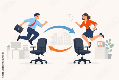 Job rotation and employee switch position for new skill and experience. Man and woman jumping between office chairs to swap roles. Career development, professional growth, and business agility.