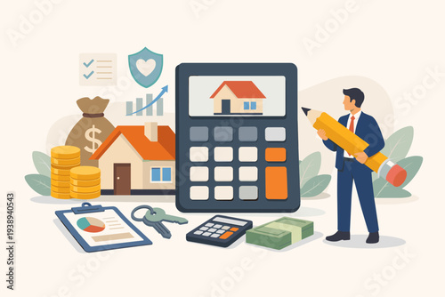 Businessman calculating house mortgage and residential budget with calculator, money, and insurance icons. Real estate investment, property cost analysis, home loan expense, and financial planning.