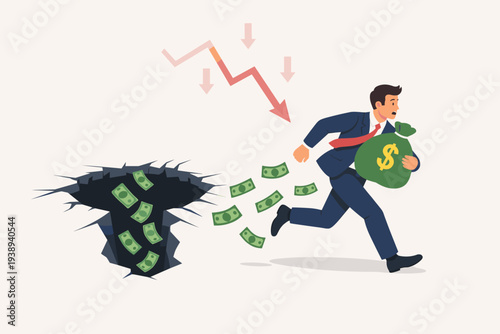 Scared businessman running from a black hole swallowing cash during a financial crisis and stock market crash. Red arrow shows economic recession, investment risk, and bankruptcy concept.