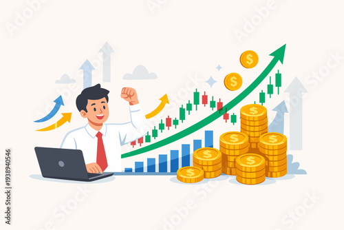 Successful Businessman or Trader Celebrating Profit from Stock Market Investment or Forex Trading with Rising Financial Growth Chart, Candlestick Graph, and Stacks of Gold Dollar Coins Concept