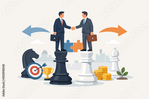 Two Businessmen Shaking Hands Standing on Giant Chess Pieces for Successful Negotiation Strategy, Win-Win Partnership, Corporate Merger, and Strategic Alliance in Competitive Market Environment.