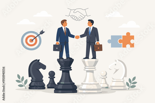 Strategic business partnership and win-win negotiation concept with businessmen shaking hands on giant chess pieces. Illustration of merger, acquisition, collaboration, and successful deal.