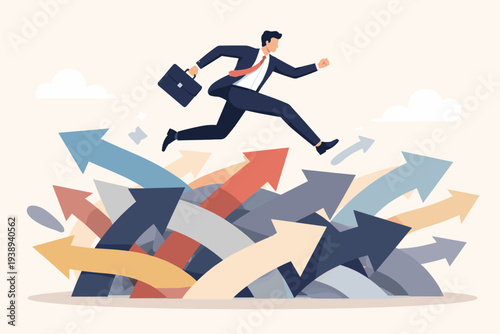 Businessman Jumping Over Chaotic Arrows Representing Success, Overcoming Uncertainty, Making Decisions, and Determination to Achieve Career Goals amidst Adversity and Challenges Vector
