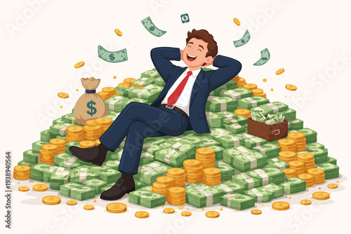 Successful Businessman Lying on a Huge Pile of Cash and Gold Coins, Celebrating Financial Independence, Wealthy Man in Suit Enjoying Investment Profit and Rich Lifestyle, Vector Illustration