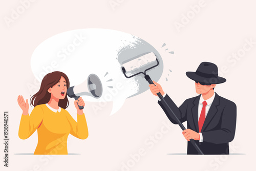 Censorship and Freedom of Speech Concept with a Woman Shouting into a Megaphone while a Man in a Suit and Hat Erases her Speech Bubble with a Paint Roller to Silence her Voice and Opinion.