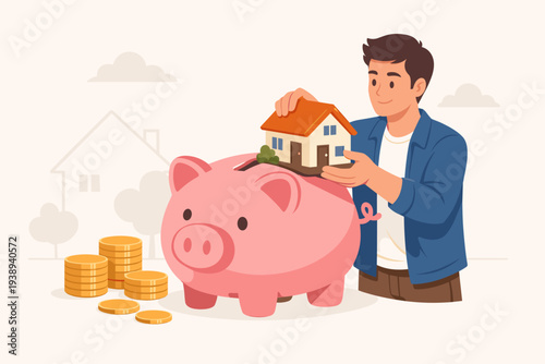 Young man putting a house model into a pink piggy bank, representing saving for a home mortgage, housing loan, real estate investment, financial planning, and down payment for a new property.