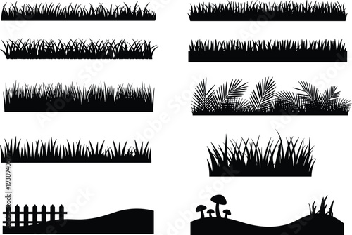 Wallpaper Mural Grass border and tropical plant silhouette collection with meadow grass, palm leaves, fence and mushrooms, decorative nature landscape elements isolated for garden design and landscaping Torontodigital.ca