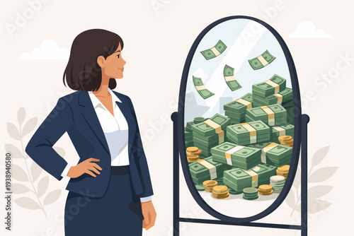 Businesswoman Looking in Mirror Seeing Pile of Money Instead of Reflection, Concept of Self Worth, Financial Success, High Self Esteem, Career Ambition, Wealth Visualization and Positive Mindset