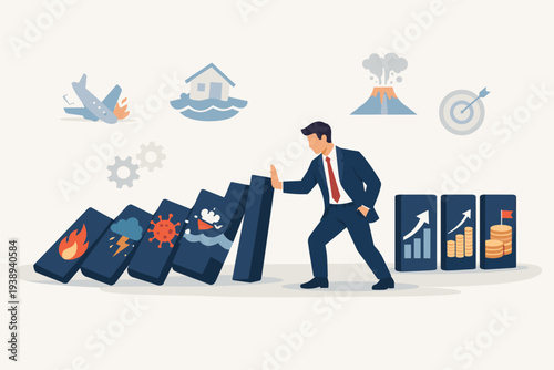 Businessman Stopping Falling Dominoes of Crisis and Risk Management. Concept of Protecting Business Investment and Growth from Disasters like Fire, Storm, Virus, and Economic Loss or Accidents.