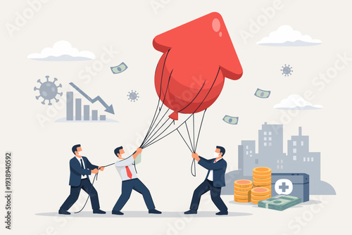 Government tax rise to pay for COVID-19 coronavirus crisis, businessmen in masks pulling down red arrow balloon, economic recovery, financial aid policy, inflation and market crash concept.
