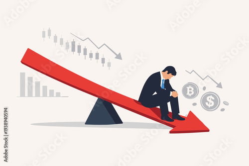 Businessman Sitting on a Downward Red Arrow Seesaw Representing Stock Market Crash, Cryptocurrency Price Decline, Bear Market, Financial Crisis, Economic Recession, and Investment Loss Concept
