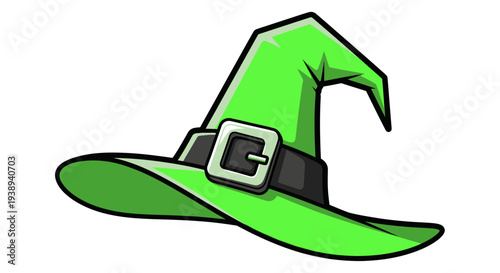 Vibrant Green Witch Hat with Silver Buckle, Isolated on White Background