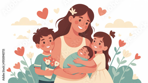 Happy family with mother holding newborn baby surrounded by children and flowers in garden with hearts