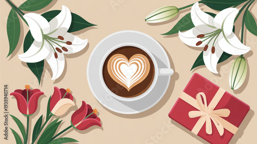 Coffee cup with heart design flowers and gift on beige background symbolizing love and celebration