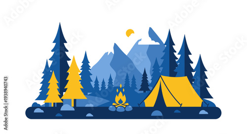 Camping scene with tent, campfire, and mountains in flat design style