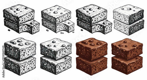 Hand-drawn vector illustrations of chocolate brownies and blondies with bites taken out