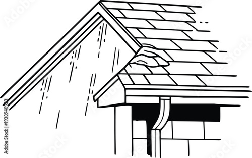 Damaged Roof Shingles and Gutter During Heavy Rain Line Art Illustration