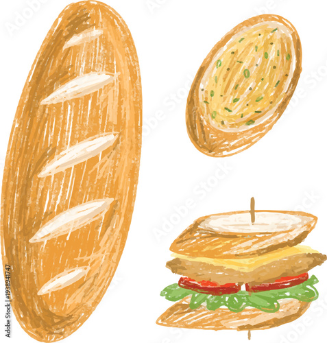 baguette illustration set with sandwich and garlic bread icon for restaurant menu