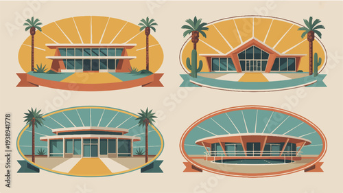 Retro mid century modern homes with palm trees at sunset in a stylized illustration