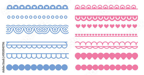 Scalloped edge pink and blue lace border collection, showcasing cute frill stripes, zigzag cutout decorations, and isolated frame patterns for textile, scrapbooking, and vector design.