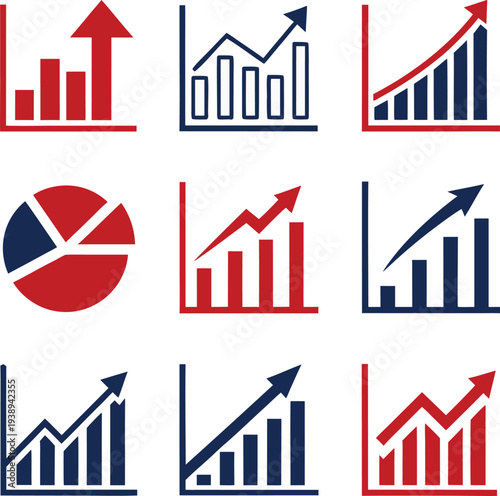 Nine colorful bar and pie charts with upward trending arrows bar chart upward arrow