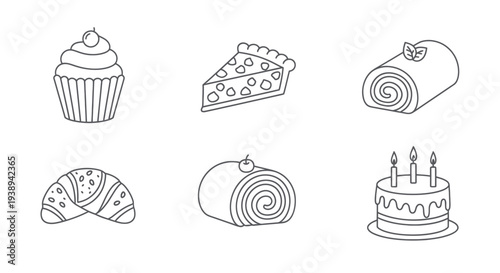 Dessert Icons: Cupcake, Pie Slice, Swiss Roll, Croissant, and Cake