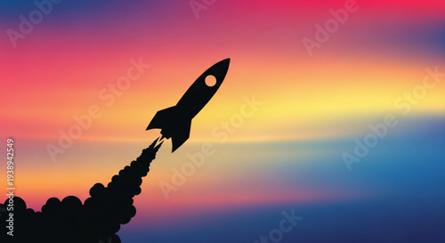 Rocket launching into vibrant colorful sunset sky