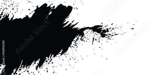 A grungy black ink splat vector illustration featuring artistic paint splashes and splattered spray textures with a dirty brush stroke pattern and dripping silhouette spots on a white background