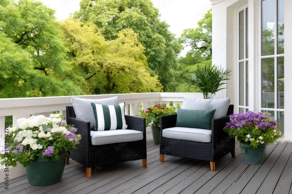 Obraz premium Balcony with wicker chairs and colorful potted flowers