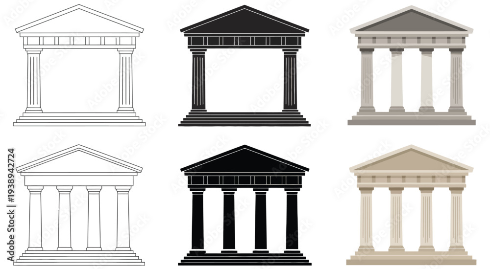 Fototapeta premium Simple Greek building or temple clipart, featuring outline, silhouette, and color illustrations, ideal for historical, architectural, and educational vector designs.