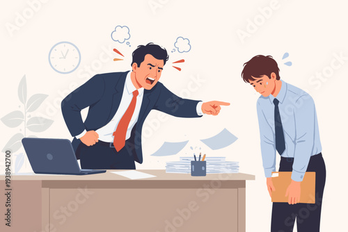 Angry Boss Shouting at Nervous Employee in Office, Furious Manager Pointing Finger at Stressed Worker for Failure, Toxic Work Environment, Conflict and Criticism at Workplace Illustration
