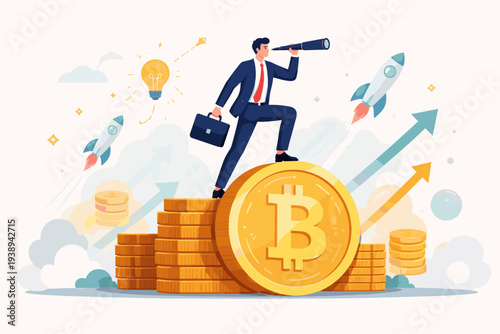 Businessman with telescope standing on Bitcoin coins, searching for future cryptocurrency investment opportunities, market growth, financial success, profit vision, and digital wealth concept.