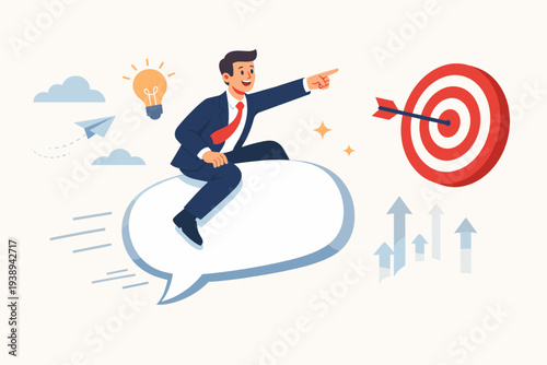 Effective Communication for Business Leader Riding a Speech Bubble to Hit a Target, Concept for Strategic Messaging, Announcement, Dialog for Success, Leadership Vision, and Goal Achievement.