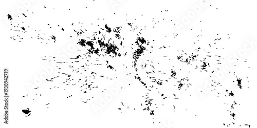 A dirty black ink splat background featuring a grunge liquid paint texture with artistic splatter drops and spray stains in a vector illustration design element silhouette
