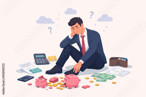 Sad businessman sitting on floor with broken piggy banks, money, and calculator. Concept of financial crisis, debt, bankruptcy, poverty, economic failure, and money management stress vector art.