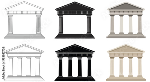 Simple Greek building or temple clipart, featuring outline, silhouette, and color illustrations, ideal for historical, architectural, and educational vector designs.