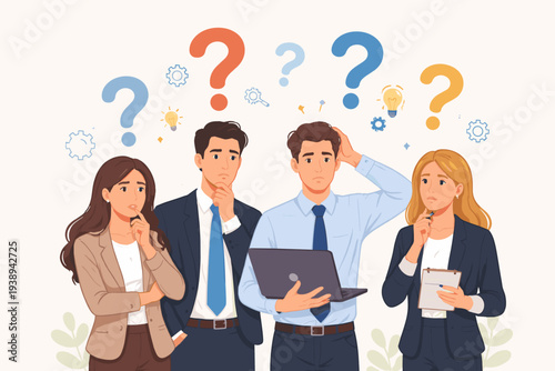 Confused business team of professional men and women looking for answers and solutions to solve complex problems at work with question marks and lightbulbs above their heads, vector illustration.