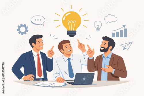 Professional Business Team Brainstorming for New Creative Ideas and Innovative Solutions Together with Lightbulb Symbol. Men Collaborating in Office with Laptop and Documents for Success.